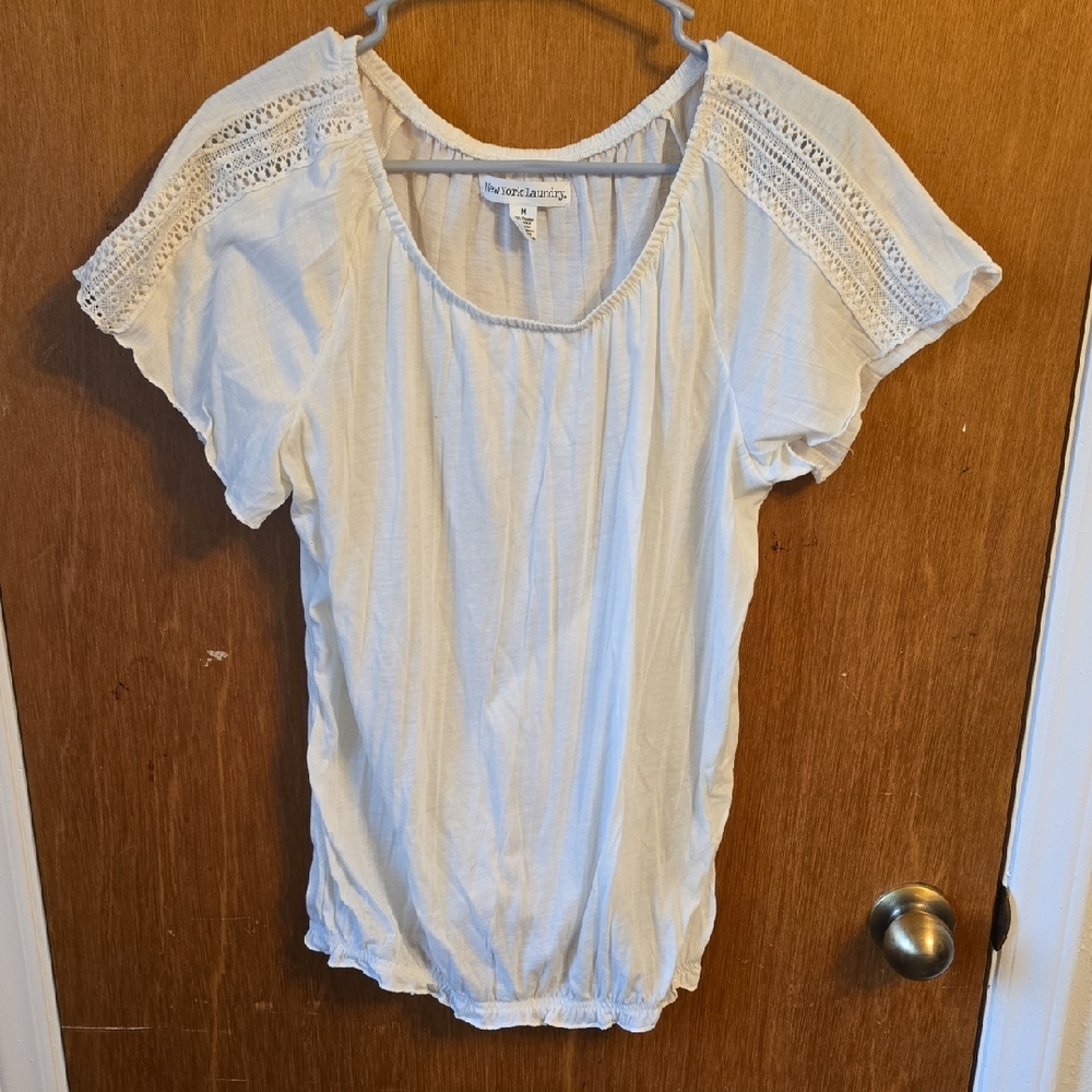 New York Laundry Cream Scoop Neck Blouse with Crochet Shoulder Trim